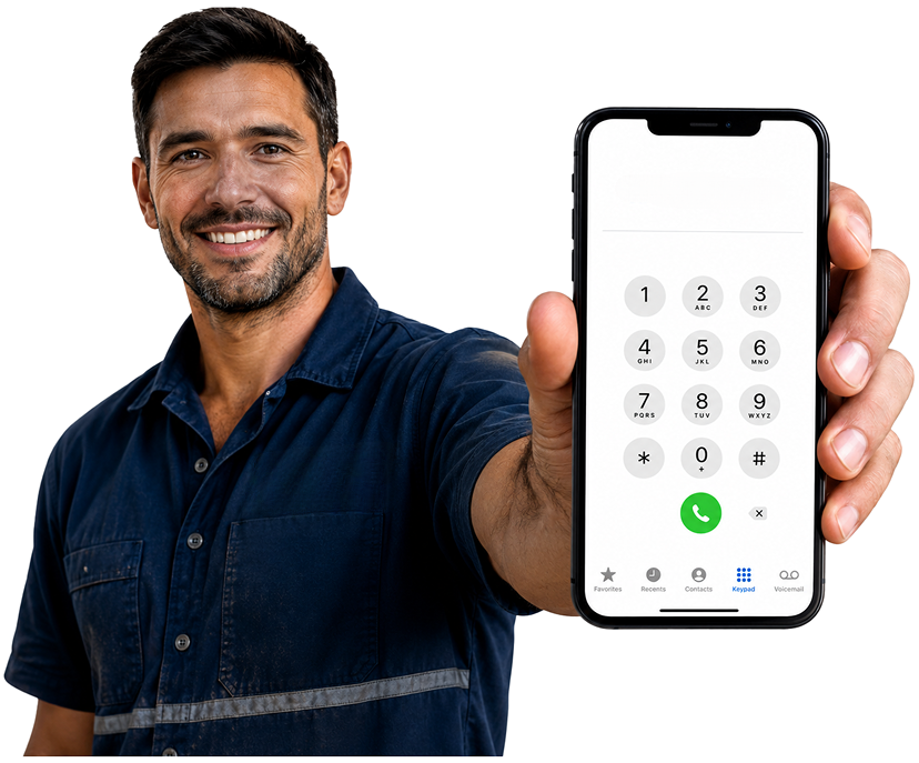 Erskineville Blocked Drains plumber holding a phone — call 1300 261 965