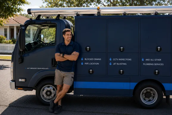 Plumber standing beside a service van in Erskineville