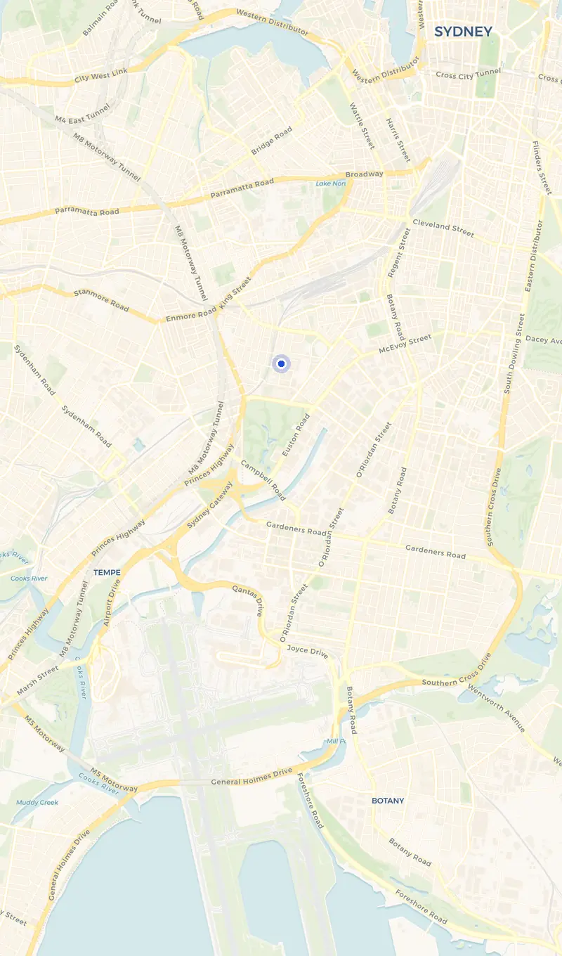 Map of the Erskineville service area and the surrounding suburbs we cover.