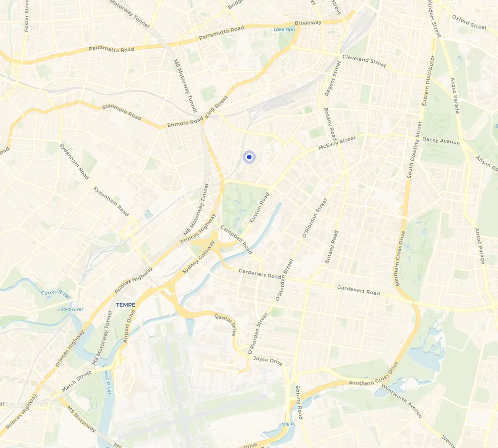 Map of the Erskineville service area and the surrounding Inner West, showing Erskineville and the nearby streets we cover.