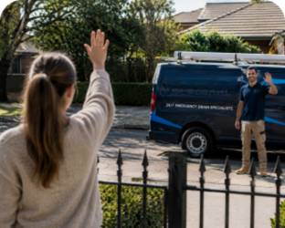 Customer waving goodbye to a Erskineville Blocked Drains plumber